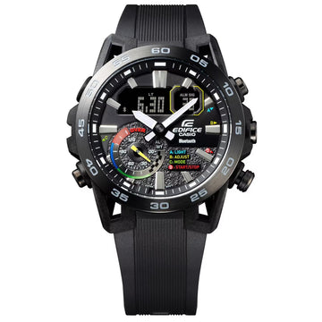 Ρολόι Smart Casio Edifice Sospensione ECB-40MP-1AEF με μαύρο καουτσούκ λουράκι και μαύρο καντράν διαμέτρου 48mm σε στρογγυλό σχημα.